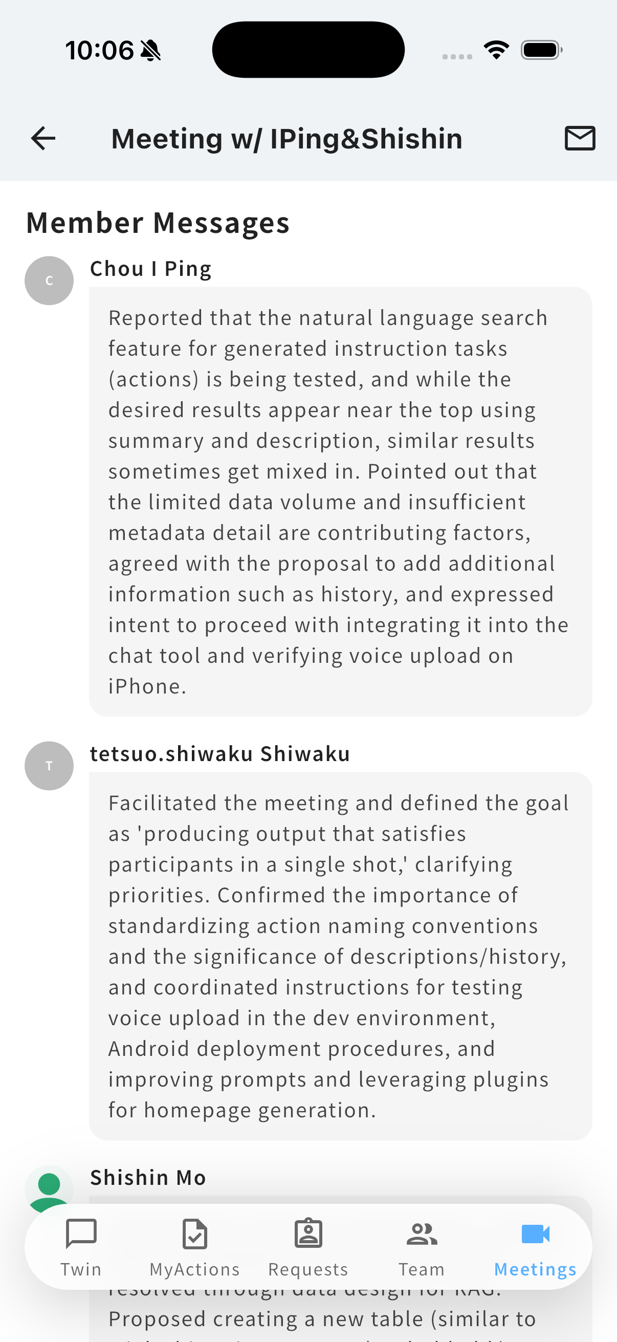 Member Messages - Meeting participant summaries